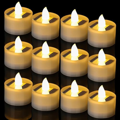 LED Tea Lights Candles, Solar Tea Lights 12 Pack Candles Battery Operated Flickering Flameless Candle, Solar Rechargeable Tealight Candle for Home Garden Balcony Lantern Graves Decora