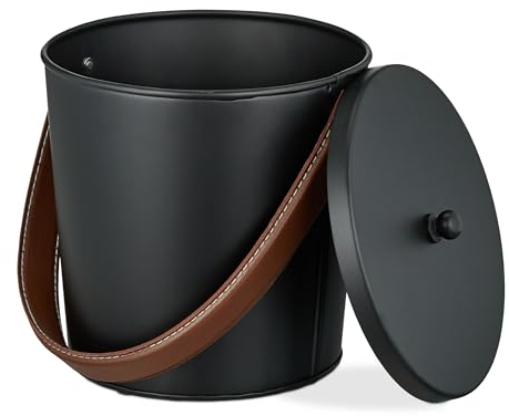 Relaxdays Secchio Raccogli Cenere con Coperchio, da 4,5 L, Manico in Pelle, Cestello Carbone in Ferro, Nero Marrone, Vera
