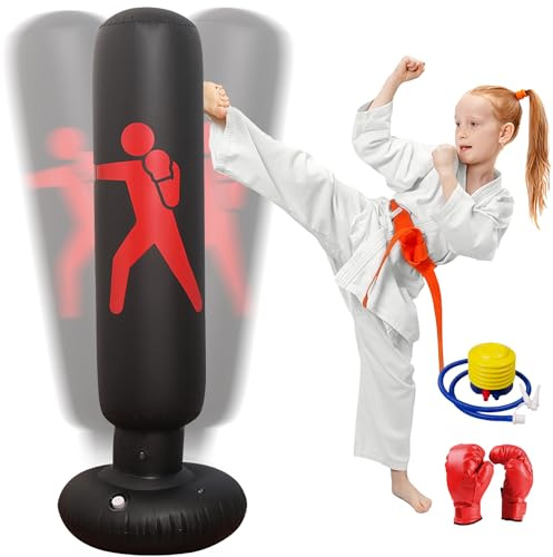 Oziral Boxningssäck för barn, uppblåsbar boxningssäck, 160 cm, stående boxningssäck med luftpump och boxningshandskar för karate, kickboxning, träningsutrustning, present (svart)