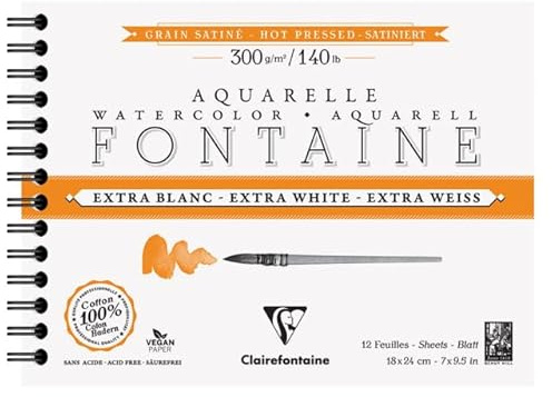 Clairefontaine 976030C - Spiralblock Aquarellpapier Fontaine extraweiß satiniert, 12 Bogen 300g 18x14 cm, 1 Stück