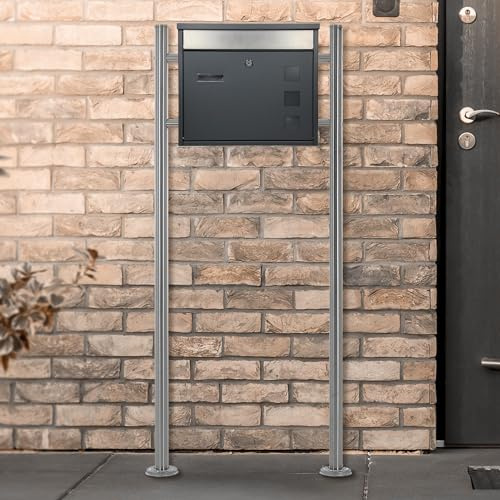 ECD Germany Design Briefkasten mit Pfosten, Standbriefkasten mit Namensschild, Briefkastenanlage, Briefkastenständer Silber 120 cm Edelstahl, Postkasten Anthrazit-Silber Edelstahl pulverbeschichtet