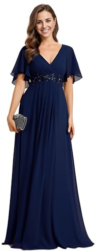 Ever-Pretty Damen Abendkleid Lang Elegant für Hochzeit Appliziertes V-Ausschnitt A-Linie Ballkleider Chiffon Brautjungferkleider Navy Blau 46