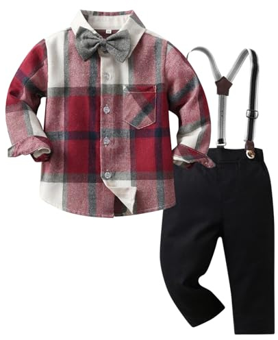 Kunyeah Niño Caballero Atuendos a cuadros Niño Camisa de manga larga con pajaritas Tirantes Pantalones Niño Traje de Vestir para 1-6 Años (Rojo, 2-3 Años)