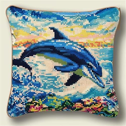 kitphoenix Knüpfkissen Set Delfin Latch Hook Kissen Kit für Kinder oder Anfänger Erwachsene zum Selber Knüpfen, DIY Knüpfteppich Knüpfpackung, Knüpfhaken Set 43 x 43 cm