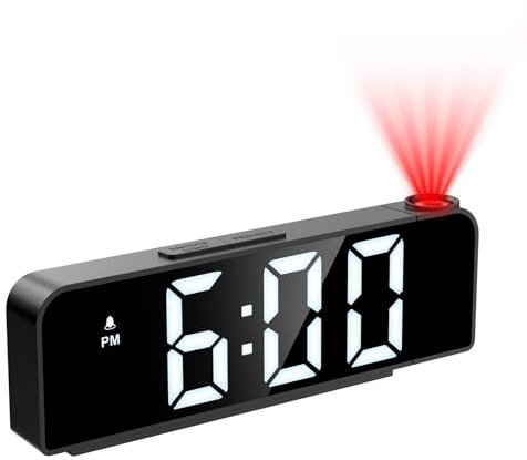 OQIMAX Reveil Projecteur Plafond, Réveil Projection Projecteur 180°, Réveil Numérique, Horloge Digitale LED 7.9, 4 Luminosités Réglable, Snooze, Température, Mode Nuit, Maison, Chiffres Blancs
