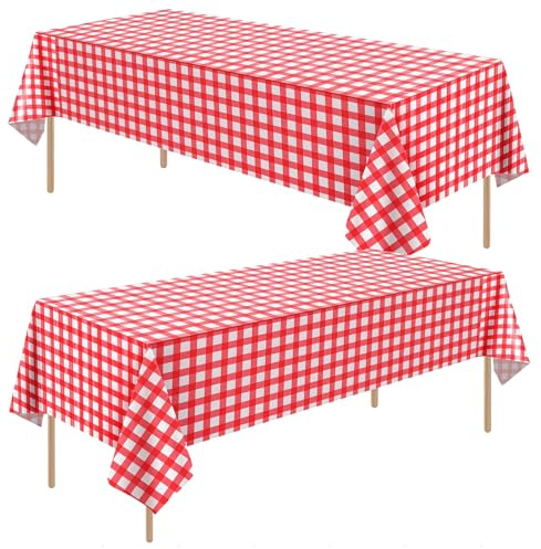 Lot de 2 nappes à carreaux vichy rouges et blancs - 137 x 274 cm - Faciles à nettoyer - En PVC - Jetables - Pour fêtes, barbecue, pique-nique, anniversaire, mariage