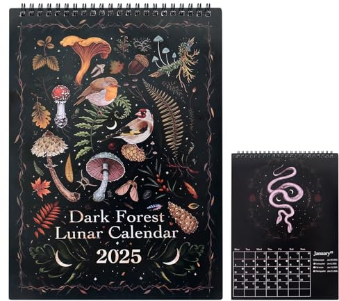 XCRPRT Dark 2025 Mondkalender, Dark Forests Lunar Kalender 2025, Bunte Kalender 2025 For Home, Bunter Mondkalender mit Umhängeband, 2025 Kalender Planer Mit 12 Originalillustrationen