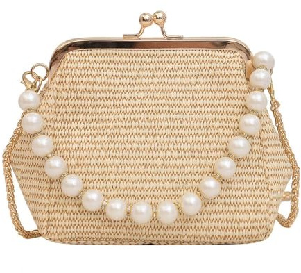 TOFBS Strandtasche Damen Sommer Stroh Clutch Klein Abendhandtasche Vintage Strohtasche Crossbody Tasche mit Abnehmbarer Kette für Strand Urlaub Reisen (Khaki)
