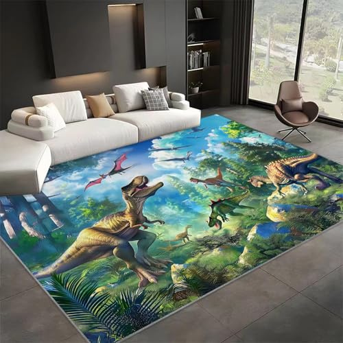 Grüner Dinosaurier Wald Teppich 80x150 cm für Wohnzimmer & Schlafzimmer, Waschbar in Waschmaschine, Weicher Kurzflor Teppich für Kinderzimmer