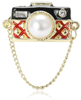 Spilla da bavero per fotocamera per donne Ragazze Catena placcata oro Nappa Ciondola Perla finta Spilla con strass Clip Maglione Cappello Borsa Abito Spilla Gioielli di moda Regali