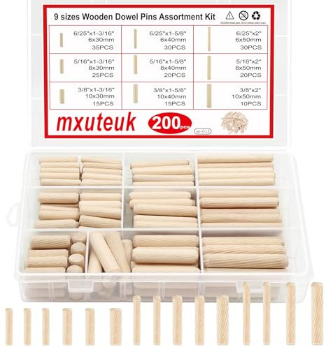 mxuteuk 200Pcs Wooden Dowel Pins with Tapered End with Bevel Angle Groove Wood Pegs - 9 Sizes 6/25inch 5/16inch 3/8inch(6mm, 8mm, 10mm) Used for Crafts, Furniture, Door, DIY