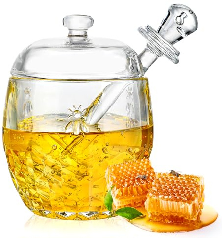 kanpura Honey Pot with Dipper and Lid Glass Honey Jar with Dipper Wide Mouth Honey Containers Airtight Syrup Honey Dispenser for Home Kitchen(7.5 OZ)