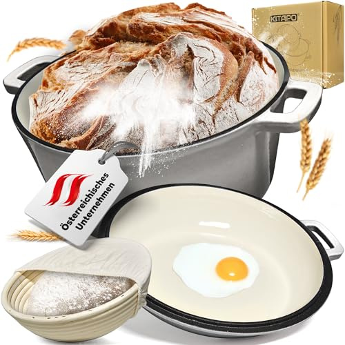 KITAPO Olla de hierro fundido 2 en 1 [tapa utilizable como sartén] – Cacerola esmaltada de alta calidad de 26 cm – Olla de hierro fundido con tapa de sartén, multitalento para cocinar y hornear, horno