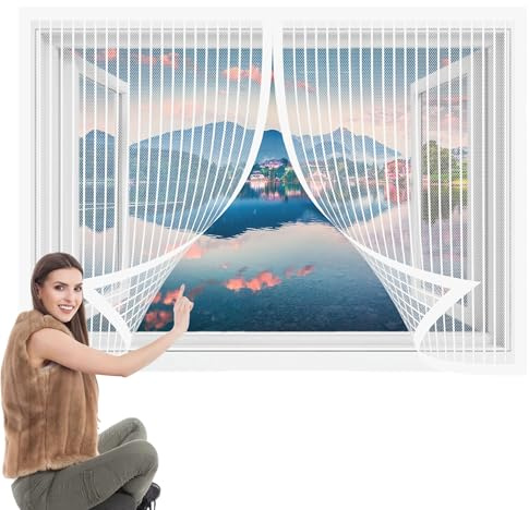 Mosquitera Ventana Abatible 57 x 99 cm sin Taladrar Mosquiteras Magnética Anti Insectos Cierre Magnético de Arriba a Abajo para Todas Puertas y Ventanas, Blanco