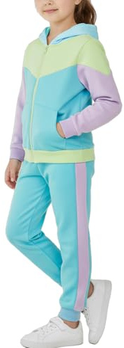 Valcatch Conjunto de chándal para niños y niñas con bloques de color de 2 piezas, traje de jogging con sudadera con capucha y cremallera y pantalones jogger, ropa casual de estar por casa y deportiva