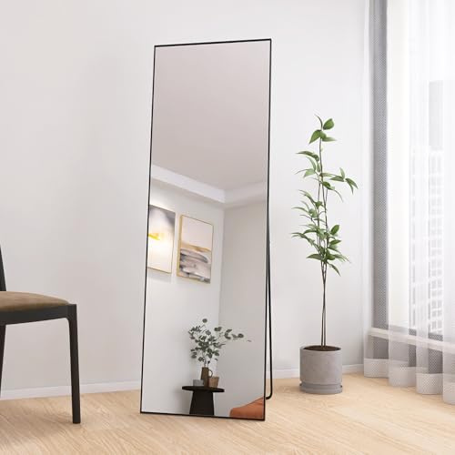 DIYHOM Rechteck Ganzkörperspiegel, 140 x 40 cm Wandspiegel Standspiegel mit Aluminiumrahmen, Anlehnen oder Hängen, Spiegel für Schlafzimmer, Wohnzimmer(Schwarz)