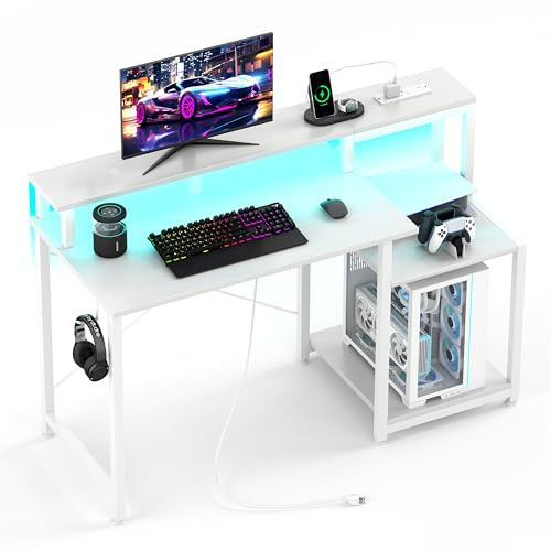 CAIYUN Computer Desk with Printer Stand, 48 Inch Computer with Power Outlets & Adjustable LED, Office Desk with Monitor Stand Rise, Teen Study Working Table, White