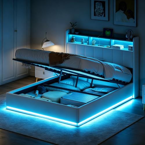 QMTXBYJ Polsterbett Doppelbett 160x200 cm, Hydraulisches Bett 160x200 mit Bettkasten und Lattenrost, Staufach-Kopfteil mit LED und USB Ladestation, Stauraumbett Funktionsbett aus Massivholz und Samt