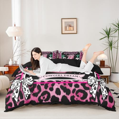 Manfei Cowgirl Duvet Cover Set Queen Size,Cowboy Boots Hats Cactus Bedding Set 3pcs,Cute Bow Leopard Western Quilt Cover,Kids Boys Girls Room Decor,2 Pillowcases,No Comforter