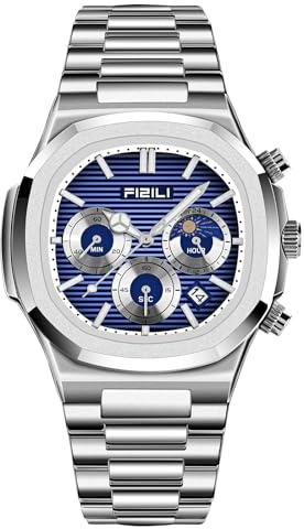 OXFANITE Men's Fashion Watch Stainless Steel Business Quartz Watches Luxury Waterproof Luminous Analog Display with Date Chronograph Multifunctional Watch Silver Blue