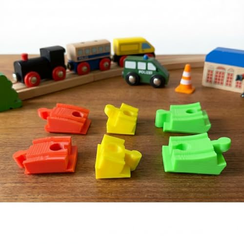 Abverkauf: Farbenfrohes 6-teiliges Auf-und-Ab-Adapter-Set für die Holzeisenbahn: Verbindet Duplo®-Steine mit Allen kompatiblen Holzeisenbahnen wie: Brio®/Lillabo®/Hape®/ UVM! Baut eine Brücke!