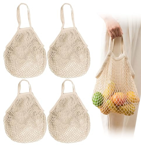 PYSEOSISE Einkaufstasche Netz, 4 Stück Beige Netzbeutel mit Griff, Wiederverwendbare Netztasche Baumwolle Einkaufsnetz Bags für Aufbewahrung von Obst Gemüse Sandspielzeug