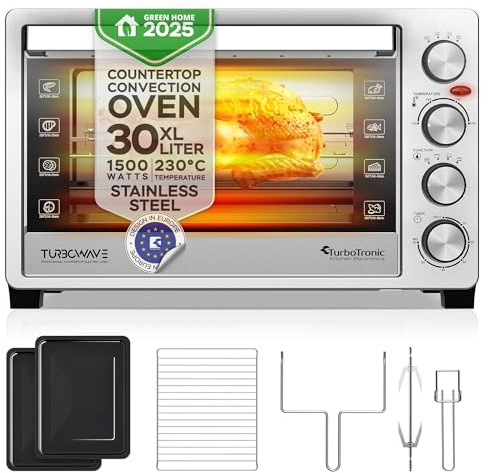 TurboTronic 30 L Elektrobackofen mit Grill, Umluft, Drehspieß & Timer | Kompakter Tischbackofen aus Edelstahl mit Doppelglastür, 1500W