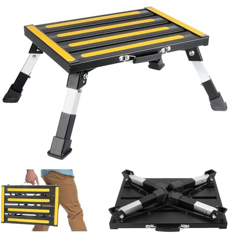 Kujizpu Taburete Plegable de Aluminio, 42x30x3cm Taburete Plegable con Alfombrilla Antideslizante, Altura Ajustable en 4 Niveles, Capacidad de Carga máxima de 250 kg para Cocina, Baño, CAM