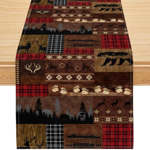 Rustikaler Lodge Tischläufer mit Bär Hirsch & Elch – Patchwork Design in Baumwoll Leinenoptik, Woodland Wildlife Deko für Esstisch Küche & Ferienhaus 33x184cm