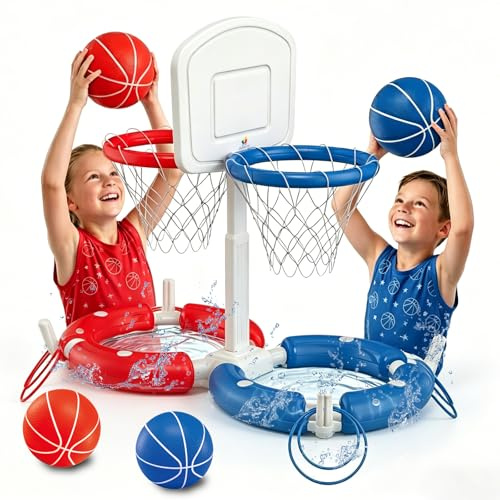 Dual Pool Basketball Hoop with Backboard for Boys Girls 2-in-1 Floating Pool Toys Ring Game 4 Balls 8 Rings & Pump Outdoor Swimming Pool Basketball Games Water Play Summer Toy for Adults and Family