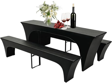 3er Set Biertischhussen Elastisch Stretch Bierzeltgarnitur, Elastisch Biertischhussen-Set, Tischhussen Bierzeltgarnitur Bierbank Hussen&Biertisch Husse für Hochzeit Event Party 220×50×70cm, Schwarz