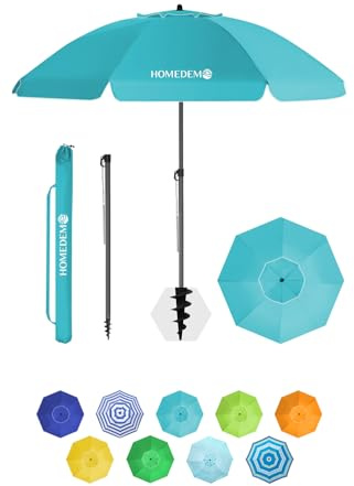 HOMEDEMO Parasol Plage Inclinable avec Revêtement Argenté, Protection Solaire UV50+, avec Pied d'Ancrage à Visser & Housse de Protection, pour Terrasse, Piscine, Marché, 200cm, Turquoise