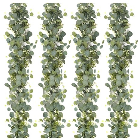 Lirynox 4 Stück Eukalyptus Girlande Künstliche, 1.8m Künstliche Girlande Pflanze Eukalyptus deko Hängepflanzen Blätter Hochzeitsdeko für Hochzeit Tisch Frühlingsgirlande Blumenschmuck