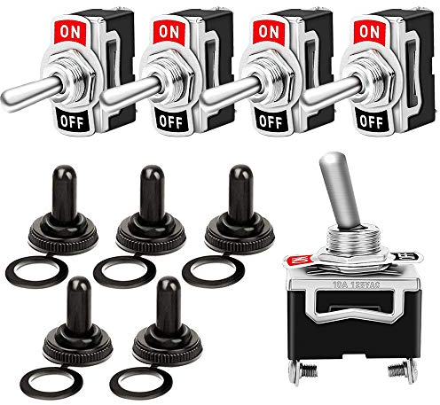FULARR 5Pcs Professionale Auto Interruttore a Levetta con Impermeabile Calotta, ON-OFF 2 Posizione 2 Pin SPST Metallo Interruttore a Bilanciere, per Auto Camion Barca –– 6A 250VAC / 10A 125VAC