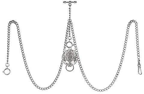TREEWETO Taschenuhrkette mit T Bar Endstück Gesamtlänge 72cm Doppel Albert T-Bar Taschenuhr Kette mit Antiker Wolf-Anhänger und 3 Haken für Weste Knopfloch