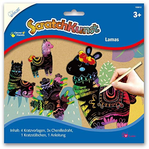 Mammut 158012 - Kratzbilder ScratchKunst Motiv Lamas, Komplettset mit 4 Kratzvorlagen, Chenilledraht, Kratzstäbchen und Anleitung, Scraper, Kratzset für Kinder ab 3 Jahre