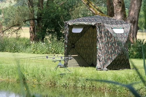 Tente de pêche pour 2 hommes, tente de pêche à la carpe, tente de protection contre les intempéries sans fond, motif camouflage, se monte et se démonte en 30 secondes, par un fabricant allemand avec