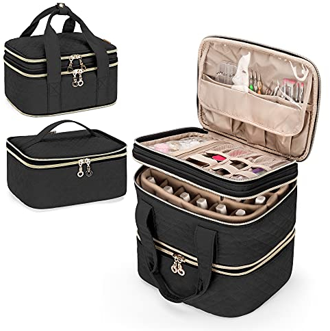 Yarwo Detachable Nail Polish Organiser Holds 48 Bottles (15ml/0.5 fl.oz), 3 Layers Nail Varnish Case with Adjustable Dividers, Travel Storage Bag for Manicure Set, Black(Patent Pending)