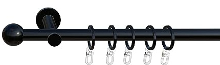 tilldekor Gardinenstange nach Maß, Formentor, 1-lauf, Schwarz 20 mm Durchmesser, Wunschmaßlänge 270 cm inkl. Trägern,Endstücken, Ringen und Faltenlegehaken
