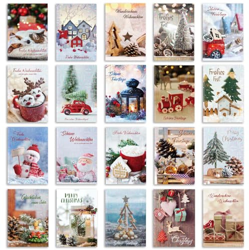 DEEPLAY Weihnachtskarten, Grußkarten mit Umschlägen, Holographische Falt-Weihnachtskarten mit Weihnachtsatmosphäre Echte Szenenmuster für Familie, Freunde, 20 Stk. mit 20 Designs