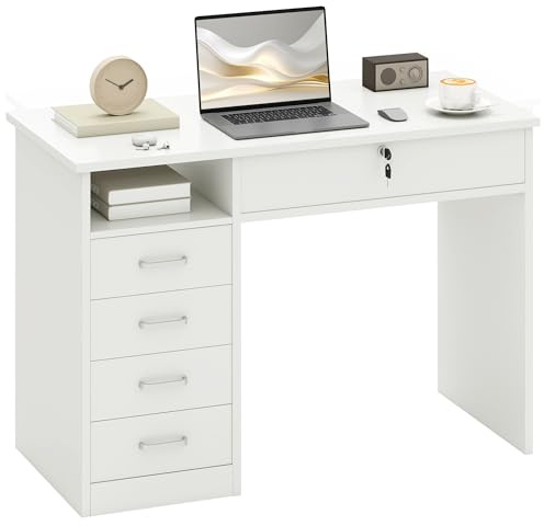 HOMCOM Computer Desk with 5 Drawers Lockable Drawer 110 x 50 x 76 cm White