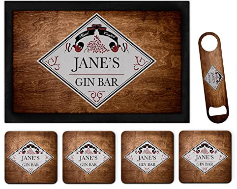 Personalised Gin Bar Runner Mat Matching Set Any Name Bottle Opener & 4 Coasters Custom Gifts For Her Pubs Home Bar Novelty Accessories For Ladies Mens Cocktails Drinks Wood Effect