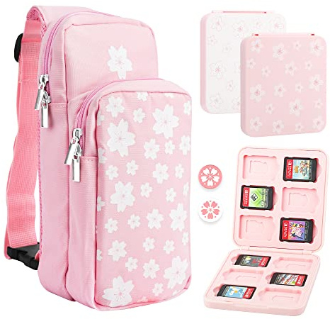 FUNDIARY Pink Carrying Travel Bag for Switch 2/Switch/OLED/Lite with Sakura Design, Portable Accessories with Pink Sakura Shoulder Bag Crossbody Backpack, 12 Game Case Holder and 2 Thumb Caps