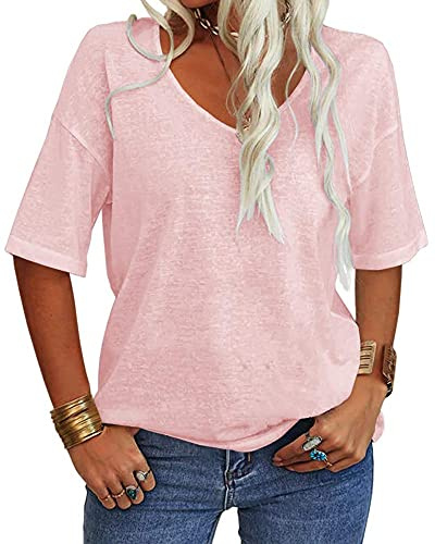 Tankaneo T-Shirt pour Femme avec Col en V, Manches Courtes, Casual, Large, Estival, Demi-Manches, Oversize, T-Shirt Tunique, rose, X-Large