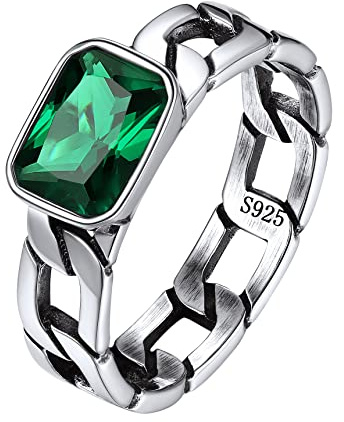 Bestyle Ringe Damen Herren Silber 925 Smaragd Bandring Jungs Panzerkette Ring Cuban Kettering Silbering mit grünem stein Größe 67