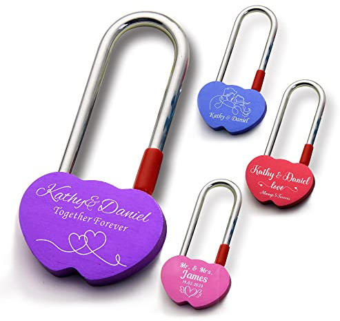 Personalised Lock Engraved Padlock Love Locks for Her Him Girls Couples Lover Custom Gift Birthday Anniversary Wedding Trip Travel Valentines Day in Double Heart Shape(Purple Design1)