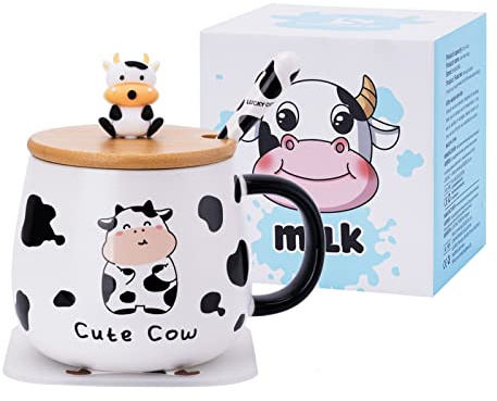 SHENDONG Süße Kuh-Kaffeetasse mit schönem Deckel, Kawaii-Untersetzer und Löffel, Geschenk, Keramik-Tee-/Kaffeetasse, Kawaii, lustige 3D-Tier-Kuh-Tassen, Geburtstagsgeschenk für Frauen