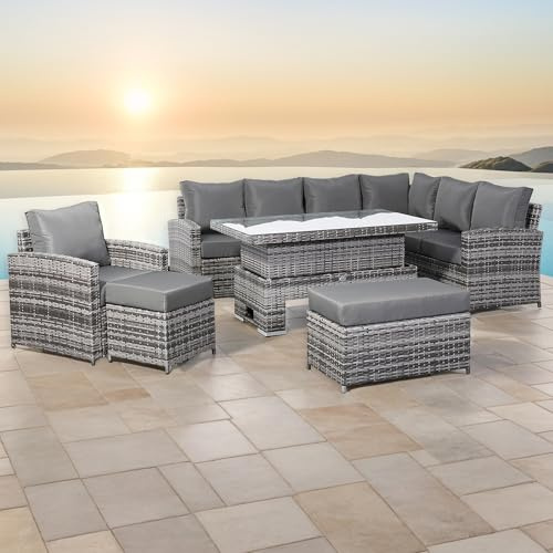 Club Rattan High Back Elite Corner Sofa Set with Rising Table and Arm Chair, 10-seater Large Rattan Garden Sofa Set (Grey, Right hand corner)