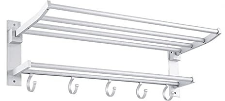 HASMI Etagere Salle De Bain Porte-Serviettes de Salle de Bain 22,8 Pouces Tablette de Serviette Murale Pliable à Mur Pliable avec Porte-Bar à Serviettes Pliable et Crochets Support Douche