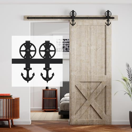 LTIYITL 8FT Heavy Duty Carbon Steel Barn Door Track,Vintage Industrial Style Big Wheel Anchor Hook Plate,Sliding Door Hardware Kit,for Single Door Top Mount Roller, Black (No Door) (8FT)